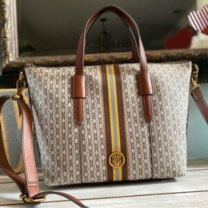 Fossil Skylar Satchel Crossbody Long Strap ✨ Neutral Stripe Brown Tan | retro